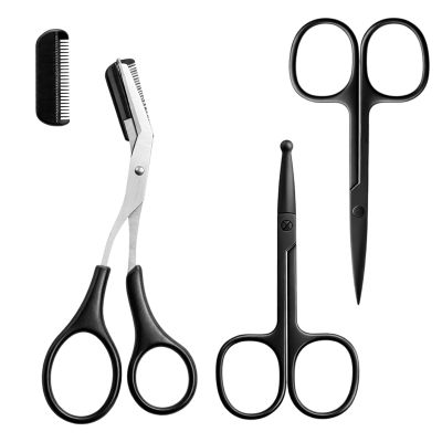 Eyebrow Trimmer Scissors, 3 Pcs Eyebrow Scissors with Comb for Men Women, Black Nose Hair Scissor Precision Eye Brow Grooming Trimming Kit for Eyebrows, Nose Hair, Mustache, Beard, Eyelash