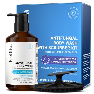 ProBliva Antifungal Body Wash Treatment Soap - Jock Itch, Ringworm, Back Acne, Tinea & Foot Odor Skin Relief Cleanser Gel with Tea Tree Oil & Tolnaftate for Men and Women (with Brush Kit)