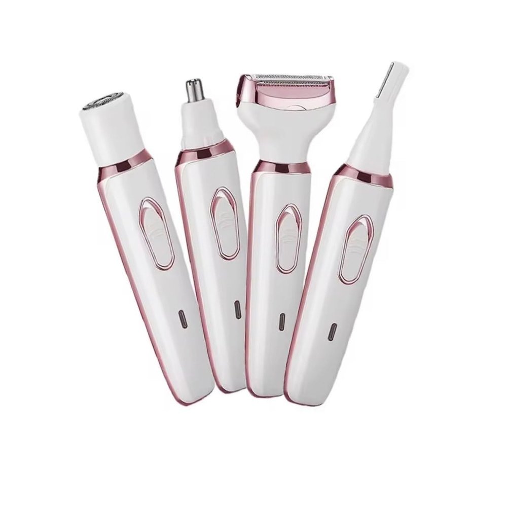 Beautivana 4-in-1 Electric Hair Removal System, White and Rose Gold, USB Rechargeable Ladies Shaver for Face, Legs, Arms, Bikini Area with Multiple Attachments