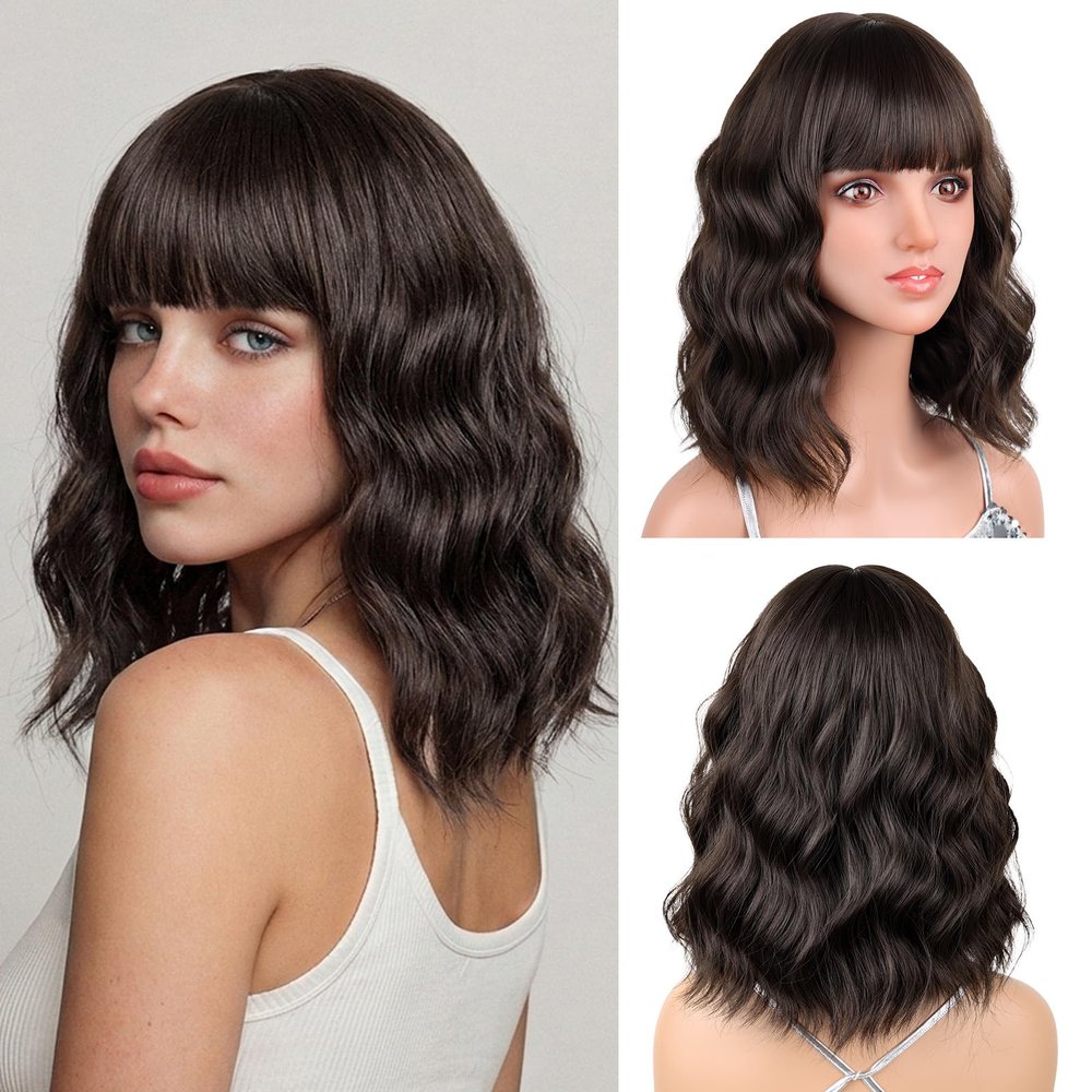 Lumitressa Natural Brown Wavy Bob Wig with Bangs, 14 Inch Shoulder Length Wig for Women