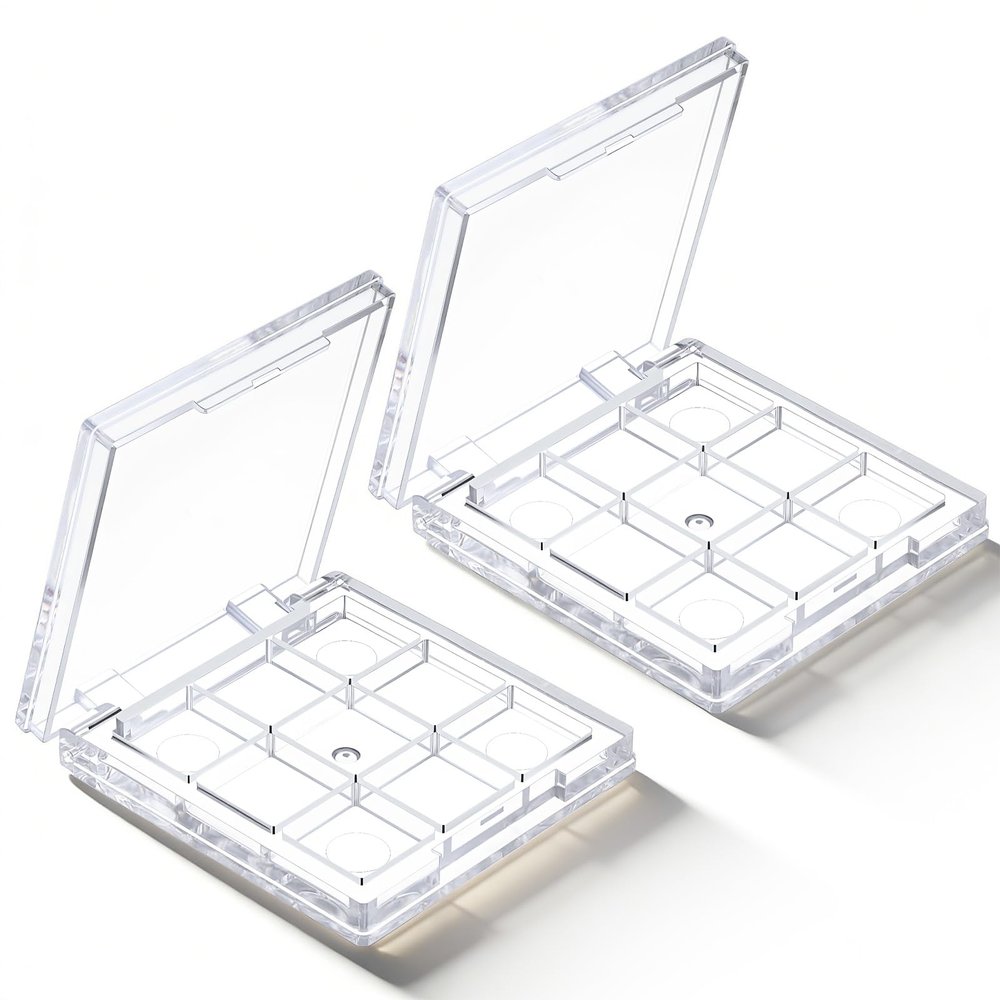 2Pcs Portable Empty Makeup Palette, Empty 9-Grid Eyeshadow Depotting Case, Transparent Makeup Dispensing Storage Boxes for Women Girls Travel DIY Eyeshadow Powder Blush Lipstick
