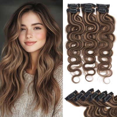 Rich Choices Clip In Hair Extension Real Human Hair-Wave/Curly 6 Pcs Single Clip Hairs Extension for Women-Invisible Mini Clips in Hairpieces-16 Inch #2RP6 Chocolate Brown Highlight Light Brown