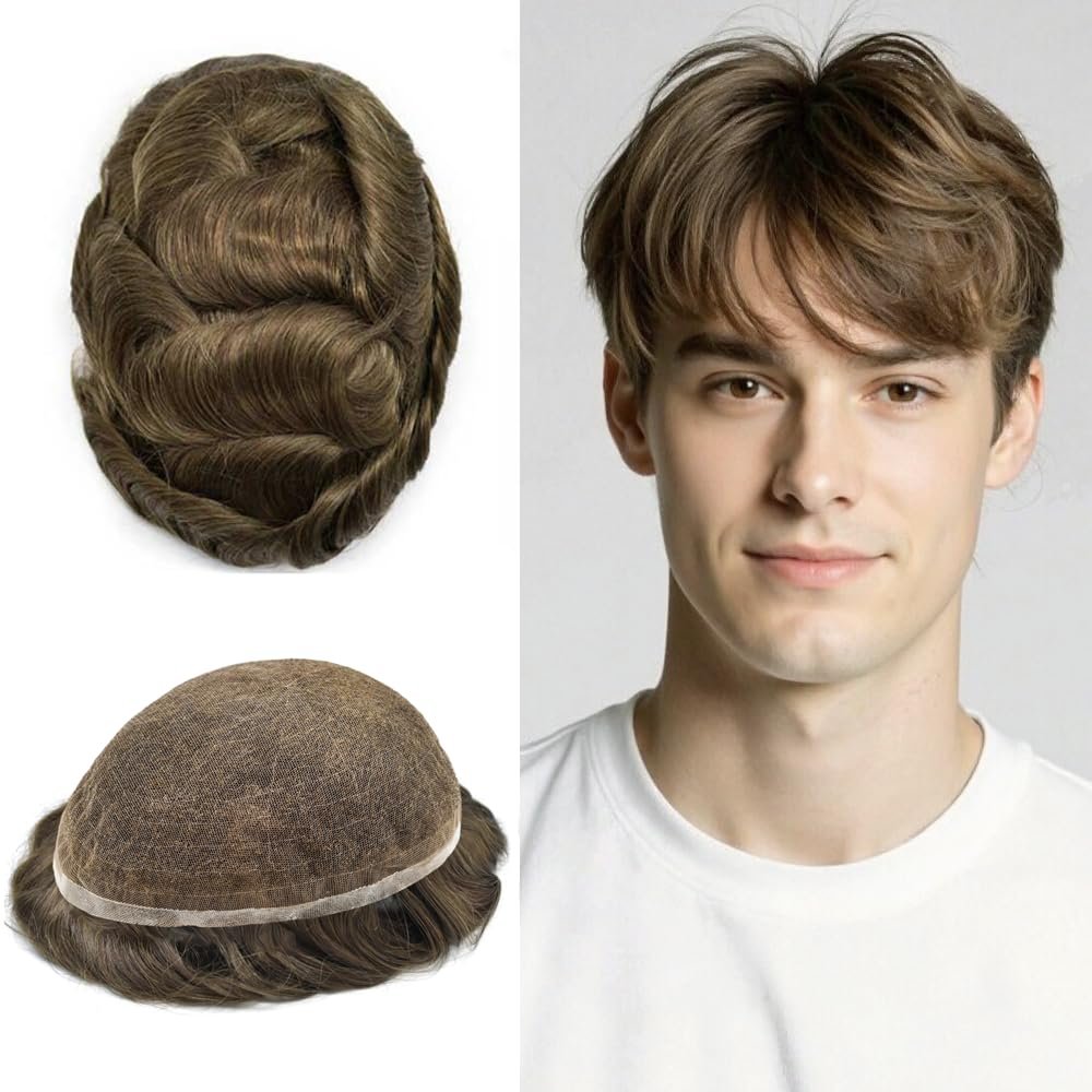 FACE MIRACLE Undetectable Hair System for Mens Toupee with Swiss Lace & Bleached Knots Toupee For Men Hair Piece Natural Hairline Mens Hairpiece 8X10#5 Medium Light Brown 100% Density