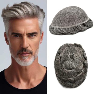 FACE MIRACLE Undetectable Hair System for Mens Toupee with Swiss Lace & Bleached Knots Toupee For Men Hair Piece Natural Hairline Mens Hairpiece 7X9#1B50#1B Off Black+50% Grey 100% Density