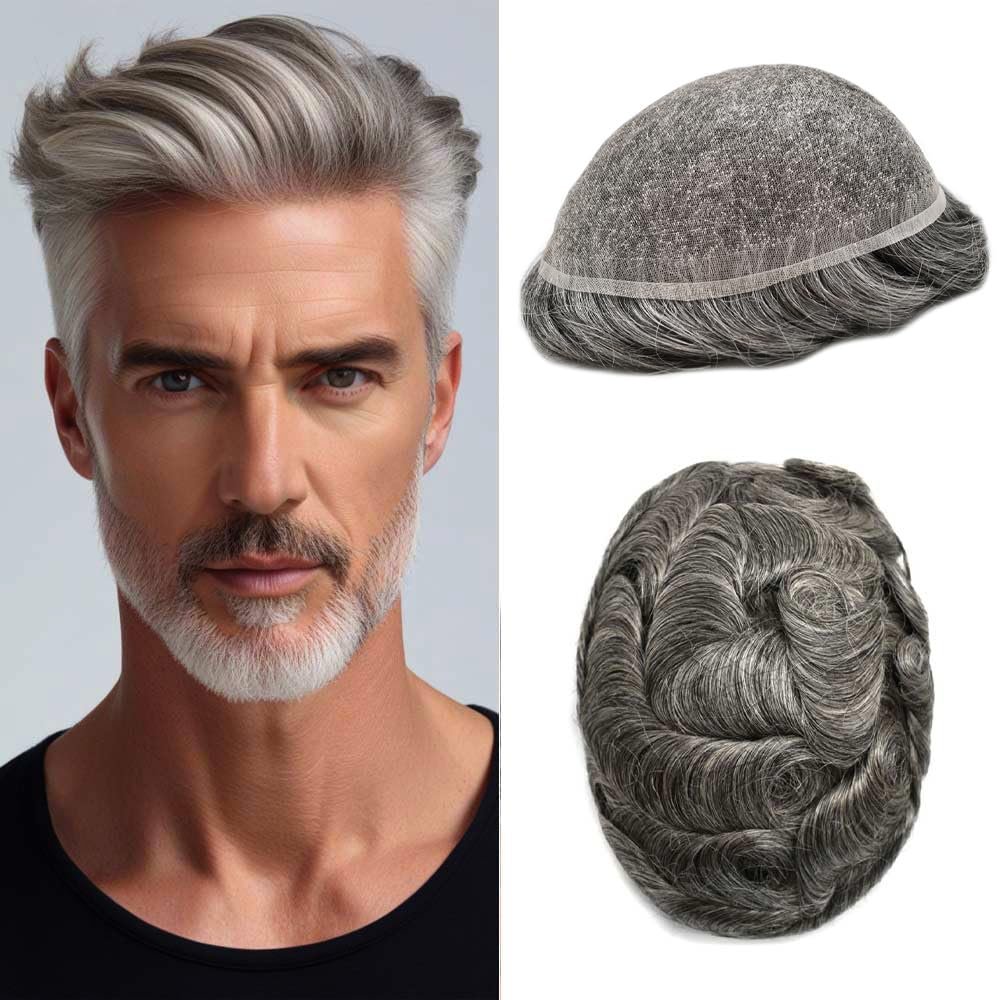 FACE MIRACLE Undetectable Hair System for Mens Toupee with Swiss Lace & Bleached Knots Toupee For Men Hair Piece Natural Hairline Mens Hairpiece 7X9#1B50#1B Off Black+50% Grey 100% Density