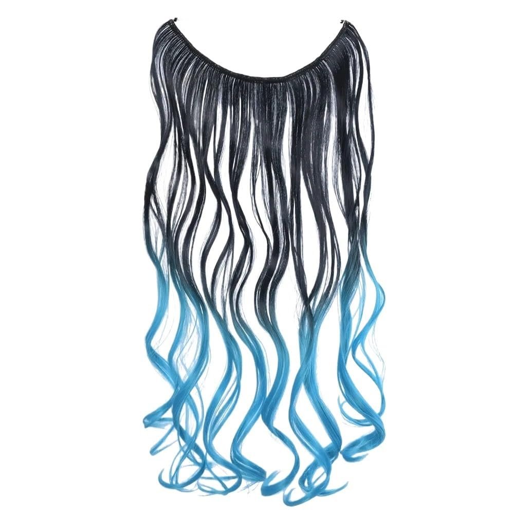 ALLUREMOUR Women's Hairpiece One Piece Ombre Color Hair Extension Wavy & Straight Invisible Wire Secret Fish Line No Clips Synthetic Hair (Wavy-BlackTturquoise)