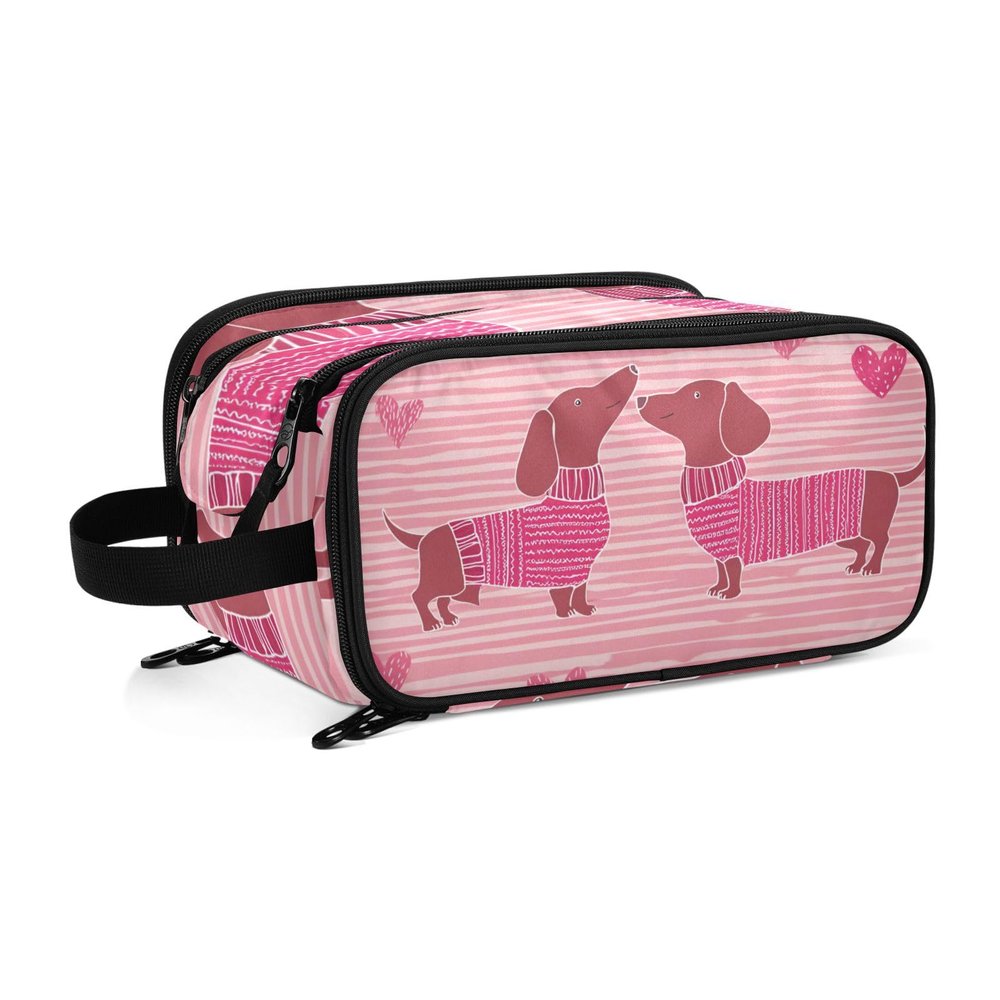 ElliTarr Pink Striped Dachshunds and Hearts Makeup Bag Travel Cosmetic Bag Toiletry Bag Organizer with Compartments Handle Women Men Gifts