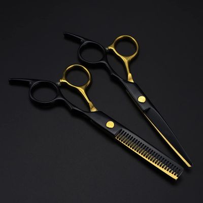 Professional 6-Inch Hair Cutting Shears Set - Japanese 440C Steel Black and Gold Hair Scissors for Hairdressing, Thinning, and Barbering Tools