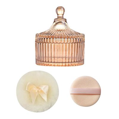 GSHLLO Glass Body Powder Container Empty Crystal Storage Jar Reusable Dusting Powder Jar Portable Setting Powder Box Loose Powder Organizer with 2 Pcs Plush Puffs for Home Hotel Amber