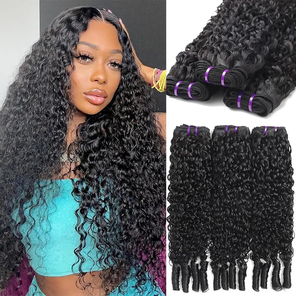 Beautymoon Burmese Curly Bundles Human Hair 14A Human Hair Bundles (18 20 22 Inch) 100% Unprocessed Wet and Wavy 3 Bundles with Spiral End Curly Hair Extensions for Women Double Weft Natural Black