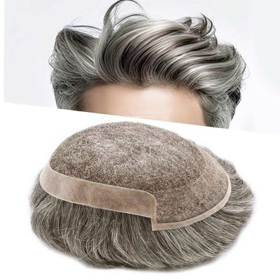 Mens Toupee Wigs Hair System for Men Human Hair Replacement Lace Mens Hair Unit Piece Natural Hairline Toupee for Men (#450 Medium Brown+50% Gray, 6''X9''-100% Light to Med-Light Density)