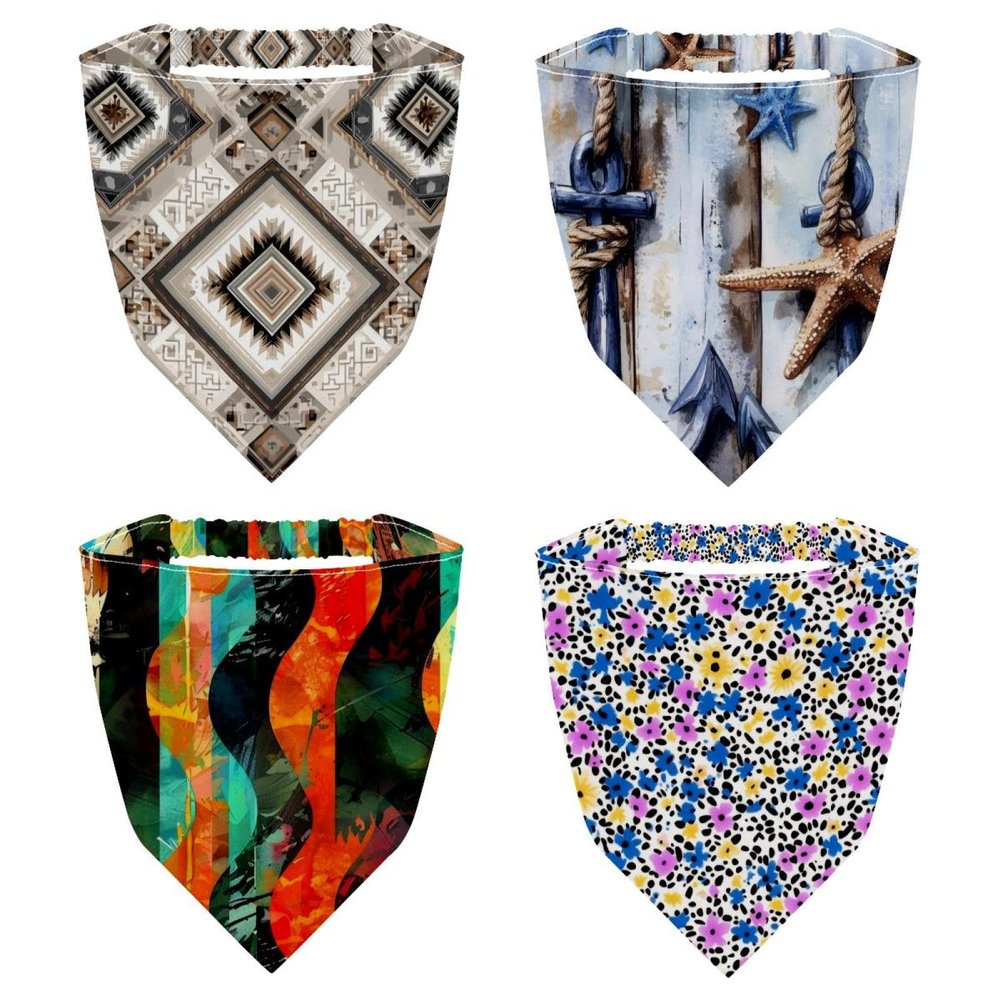 RODAILYCAY 4 Piece Hair Scarfs, Watercolor Art Geometry Waves Elastic Hair Scarf Headband, Triangle Kerchief, Head Hairband Bandanas