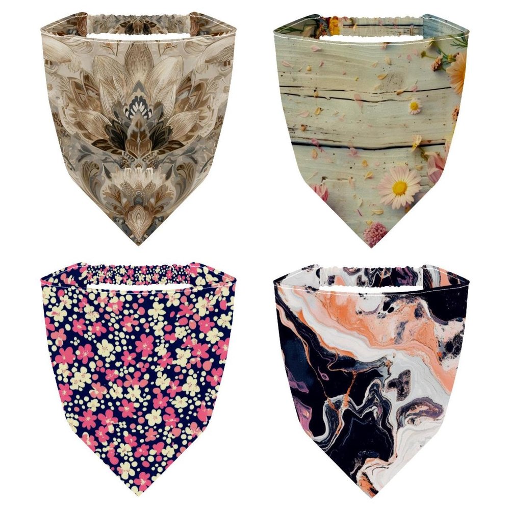 RODAILYCAY 4 Piece Triangle Head Scarf, Colorful Flower Floral Pattern Chiffon Hair Kerchief, Elastic Hair Scarf Bandanas for Women Girls