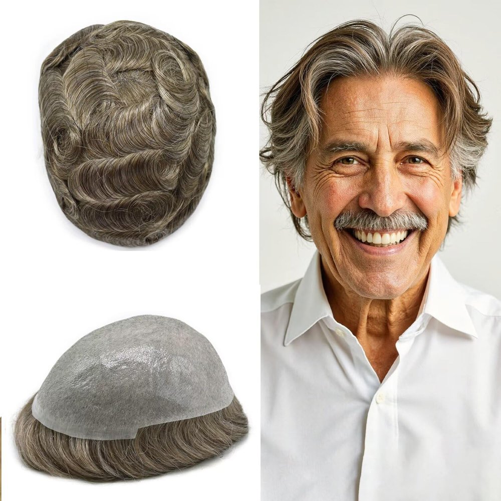FNY HAIR 0.06mm Ultra Thin Skin Mens Hair System Human Hair Toupee For Men Natural Hairline V-Looped Mens Hairpiece Real Skin Hair Replacement System 8X10#660 Light Brown+60% Gray
