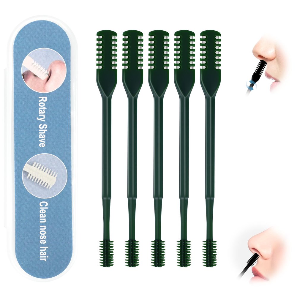 5PCS 2-in-1 Nasal Hair Cutter, Upgrade Manual Double Sided Nose Hair Trimmer Cutter for Women and Men 360Rotating Nose Hair Remover Grooming Tool knife Razor Portable Nostril hair kit (Dark Green)