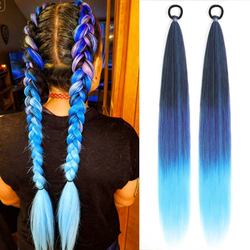 TruYang Braid Ponytail Extensions Straight Black to Blue 26 Inch