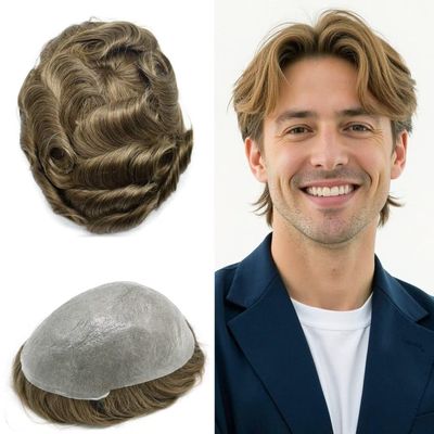 FNY HAIR 0.06mm Ultra Thin Skin Mens Hair System Human Hair Toupee For Men Natural Hairline V-Looped Mens Hairpiece Real Skin Hair Replacement System 6X9#1710 Dark Ash Blonde+10% Gray