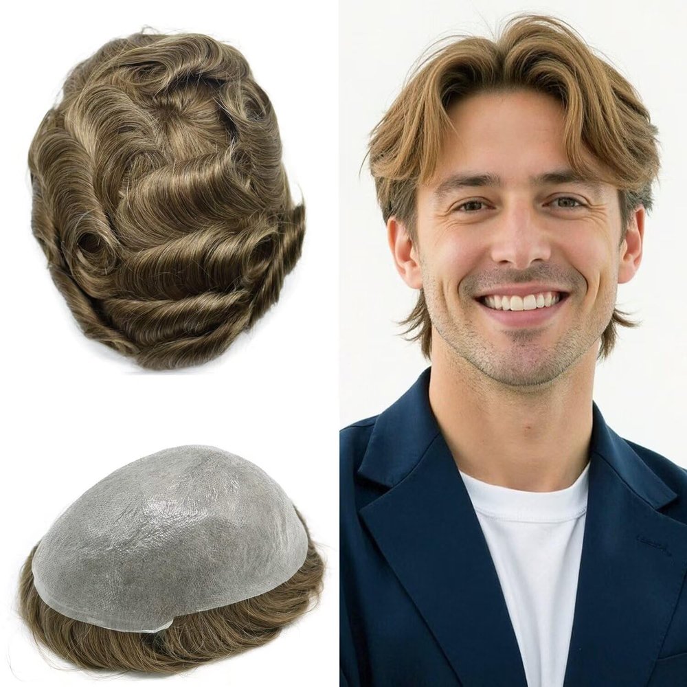 FNY HAIR 0.06mm Ultra Thin Skin Mens Hair System Human Hair Toupee For Men Natural Hairline V-Looped Mens Hairpiece Real Skin Hair Replacement System 6X9#1710 Dark Ash Blonde+10% Gray