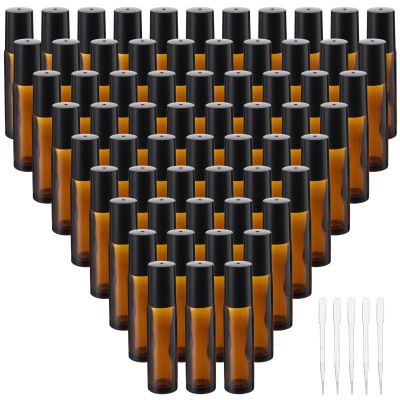 64 Pcs Amber Roller Bottles for Essential Oils - 10ml Refillable Essential Oil Roller Bottles Set with Transfer Pipettes, Glass Stainless Steel Roll On Ball Applicator for Perfume, Essential Oils