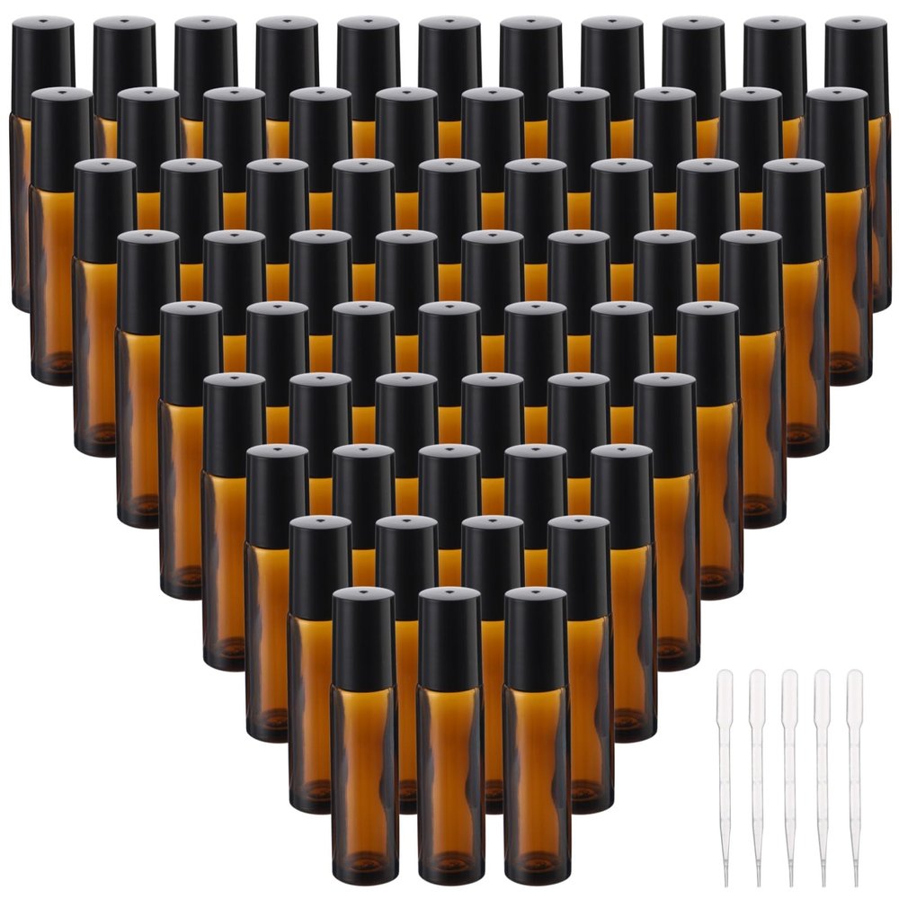 64 Pcs Amber Roller Bottles for Essential Oils - 10ml Refillable Essential Oil Roller Bottles Set with Transfer Pipettes, Glass Stainless Steel Roll On Ball Applicator for Perfume, Essential Oils