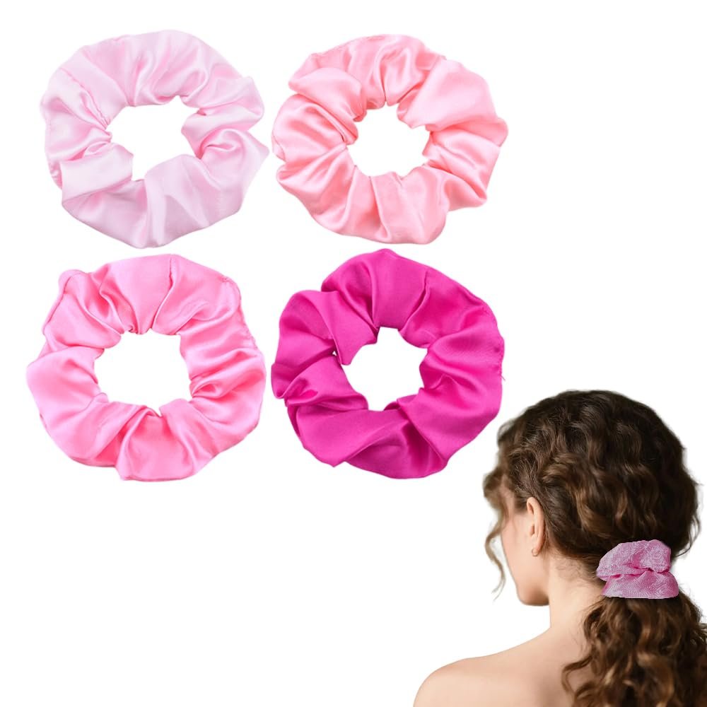 Pink Satin Scrunchies Set for Besties Friends Galentines Day Gift Ponytail Holder Hairties Long Fine Hair Accessories Elastic Bobbles Ropes Hair Tie for Wedding Birthday Party Favors 4 Pcs