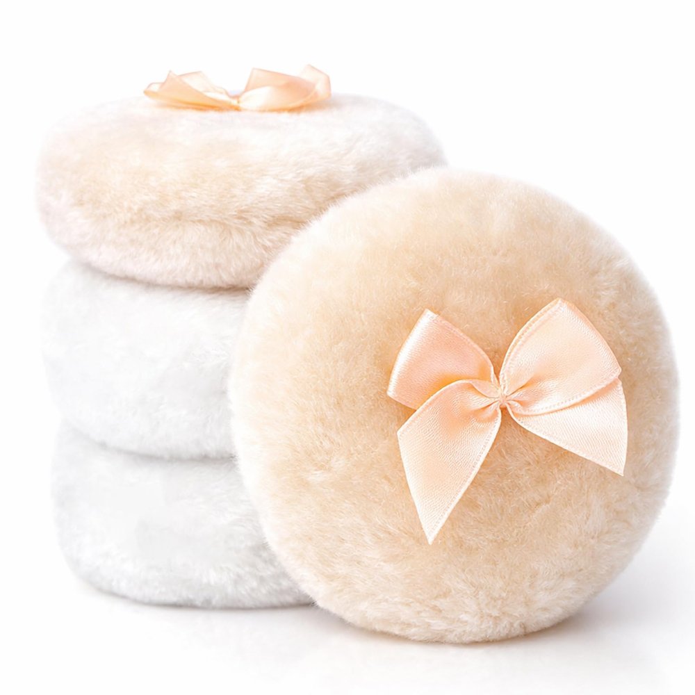4 PCS Large Fluffy Makeup Sponge, Soft Large Face Body Powder Sponge with Ribbon Bow Handle, Ultra Soft Body Sponges, Washable Reusable Dusting Sponges for Makeup Face, Beige White