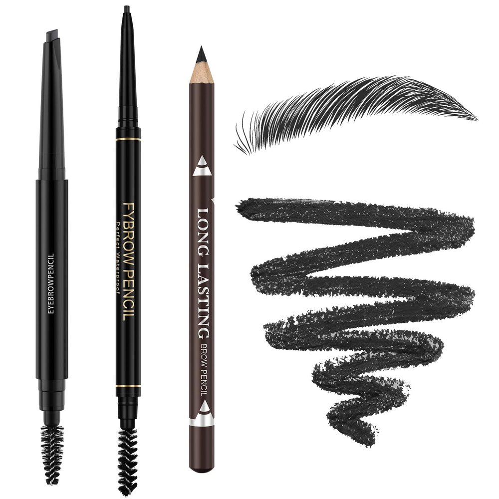 3 Pcs Brow Pencil, Waterproof and Long Lasting Eyebrow Pencil with Brush for Natural Looking Brows, Easy to Fill and Shape Eyebrows, Black