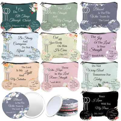 60 Pcs Christian Gifts for Women Bulk, 20 Canvas Makeup Bags 20 Bible Verse Mini Mirror 20 Inspirational Bible Keychains, Religious Party Favors Baptism Gifts for Women Mother Sister Church Events