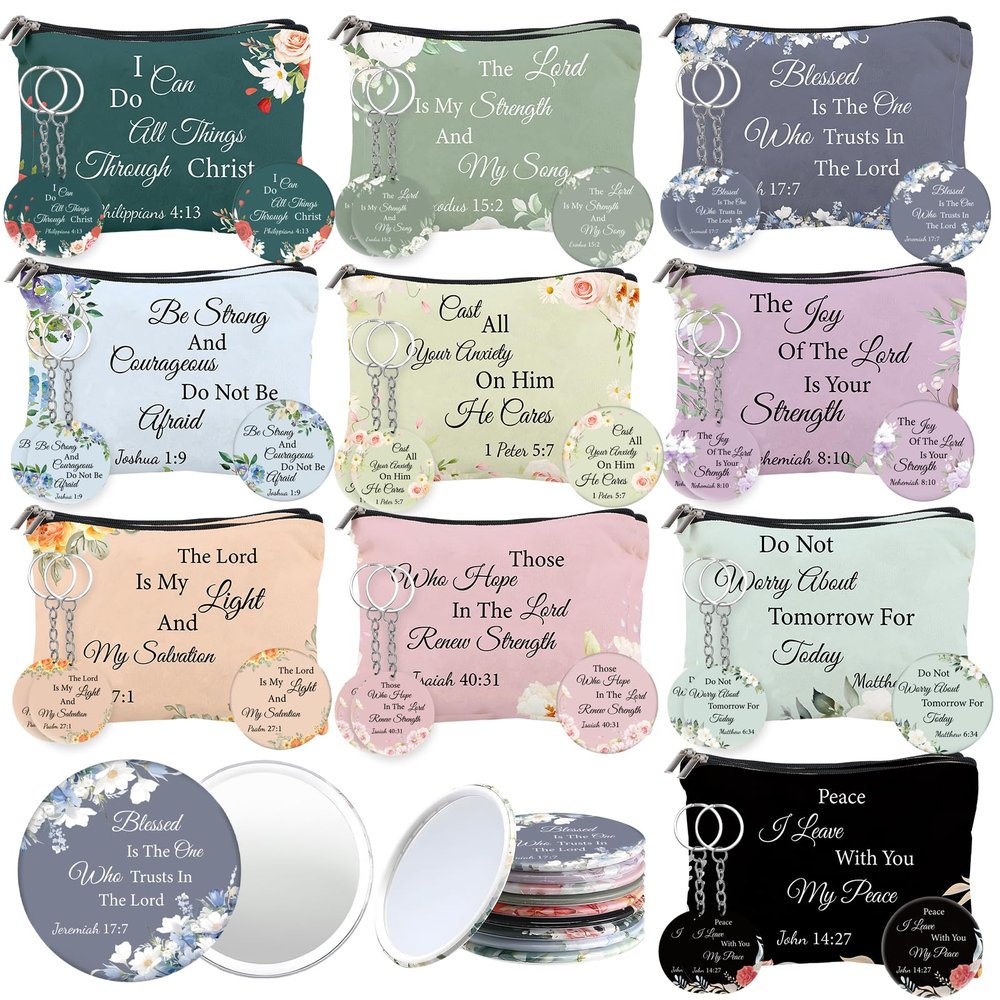 60 Pcs Christian Gifts for Women Bulk, 20 Canvas Makeup Bags 20 Bible Verse Mini Mirror 20 Inspirational Bible Keychains, Religious Party Favors Baptism Gifts for Women Mother Sister Church Events
