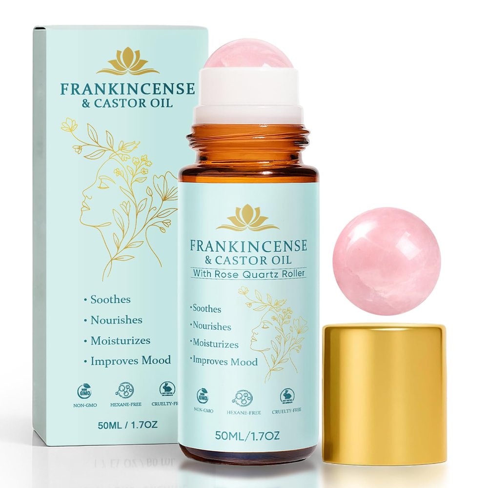 Youngus Peehss Castor Oil and Frankincense Roll On Rose Quartz Roller Ball, Organic Cold Pressed Castor Oil for Eyebrows, Face & Neck, Firms Skin Feel Soft Smooth & Brightens Eyes, 1.7 fl oz