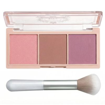 3-Color Blush Palette with Brush - Matte & Shimmer Powder Blush Trio - Long Lasting, High Pigment Face Makeup - Cool Tone Pink, Nude Brown & Berry Plum Shades for Natural Flushed Look