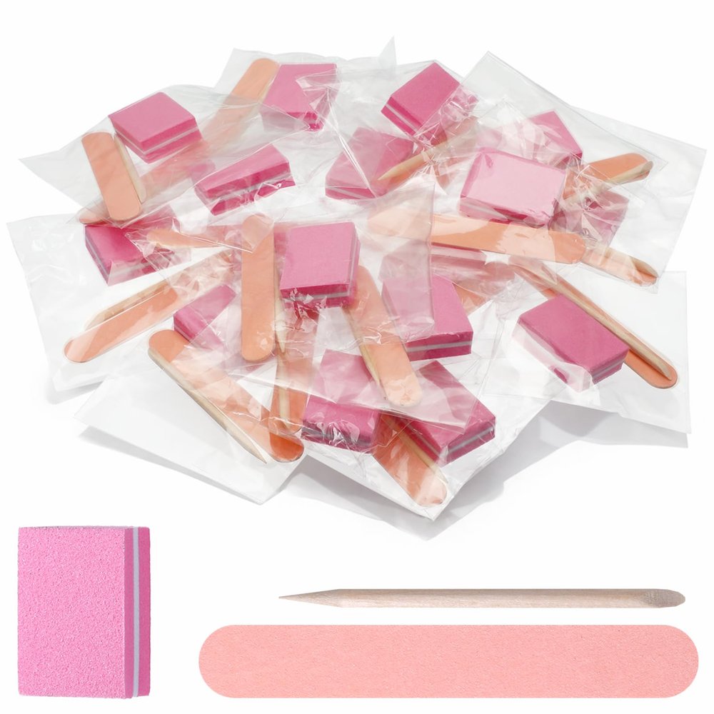 20 Set Disposable Manicure Kit, Individually Package with Mini Nail File Wood Stick Press on Nail Tool Prep Kit for Home Salon Hand Foot Manicure, Pink