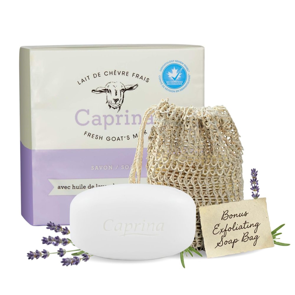 Caprina by Canus Goat Milk Soap Bar, LAVENDER OIL, 3.2 oz (90 g) Bars, 3-Pack, Moisturizing Daily Cleanser for Face, Hands & Body, Fresh Canadian Goat Milk + Exfoliating Mesh Pouch