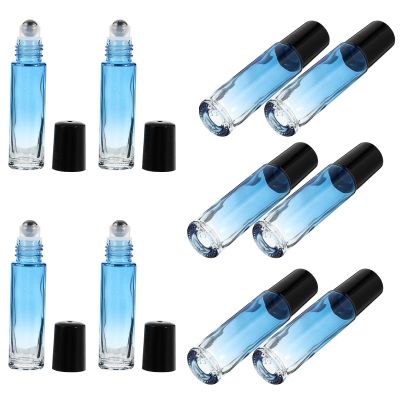DONFAMDS 10Pcs 10Ml Gradient Blue Glass Roller Bottles Refillable Essential Oil Sub Containers with Black Caps for Aromatherapy and Travel