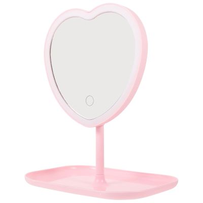 HONMEET Heart-Shaped LED Makeup Mirror with USB Rechargeable Light, Pink Desktop Vanity Mirror with Stand for WomenS Table Cosmetic Use