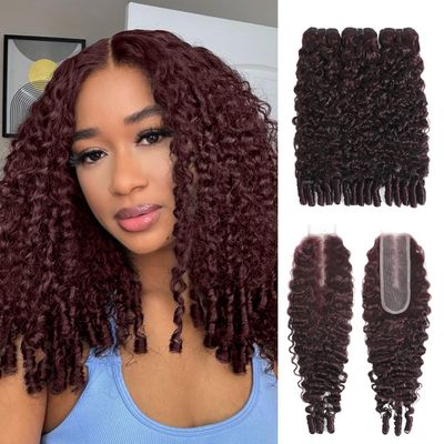 Syrenlore #99J Burmese Curly Bundles and 2x6 Closure Human Hair 14 16 18+14 Inch, 15A Dark Burgundy 3 Bundles and Closure Long Deep Part with 3C4A Water Wave Spiral Ends