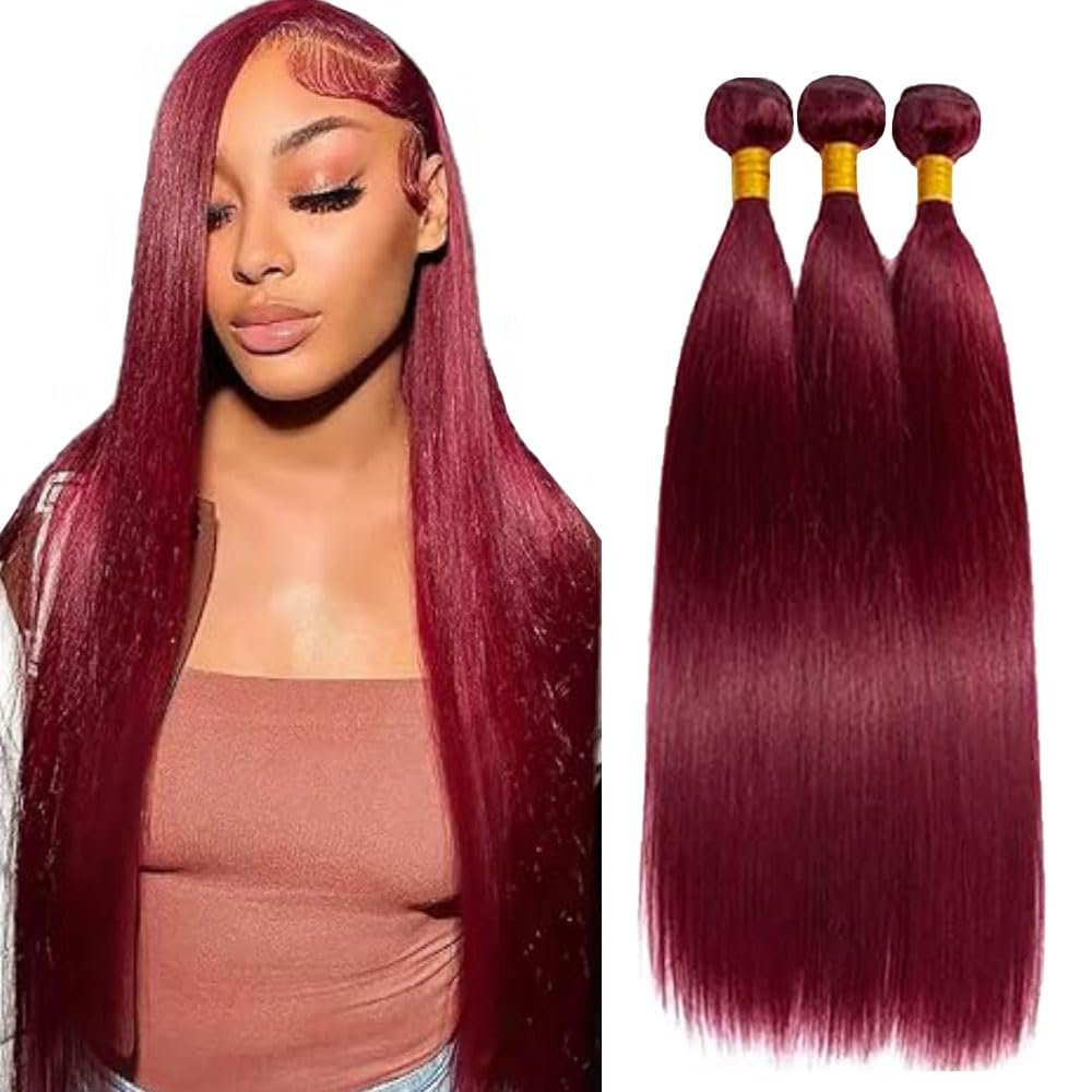 99J Bundles Human Hair Burgundy 24 26 28 inch Straight Bundle Human Hair Dark Burgundy 3 Bundles 50 Gram Per Bundle 150g Total Brazilian Virgin Remy Hair