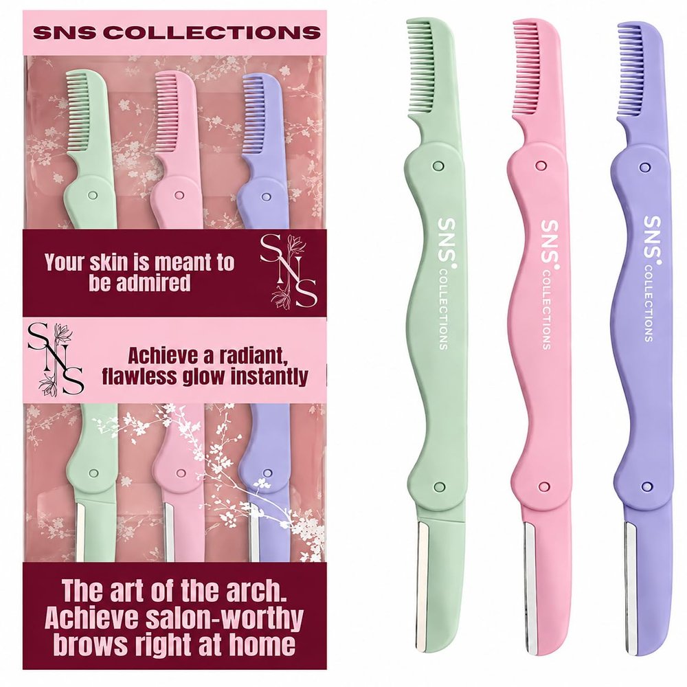 SNS CollectionsDermaplane Razor for Women, Face Razor & Eyebrow Trimmer, Facial Hair Remover, Peach Fuzz Remover, Exfoliating Facial Razor with Protective Cover, Safe Precision Blade, Pack of 3