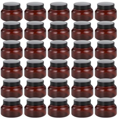 30 Pcs Plastic Cosmetic Containers, 8 oz Body Butter Jars with Black Lids, Refillable Sugar Scrub Containers, Amber Empty Round Storage Jars for Creams, Essential Oils, Lotions, Travel Beauty Samples