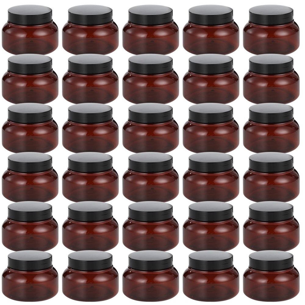 30 Pcs Plastic Cosmetic Containers, 8 oz Body Butter Jars with Black Lids, Refillable Sugar Scrub Containers, Amber Empty Round Storage Jars for Creams, Essential Oils, Lotions, Travel Beauty Samples