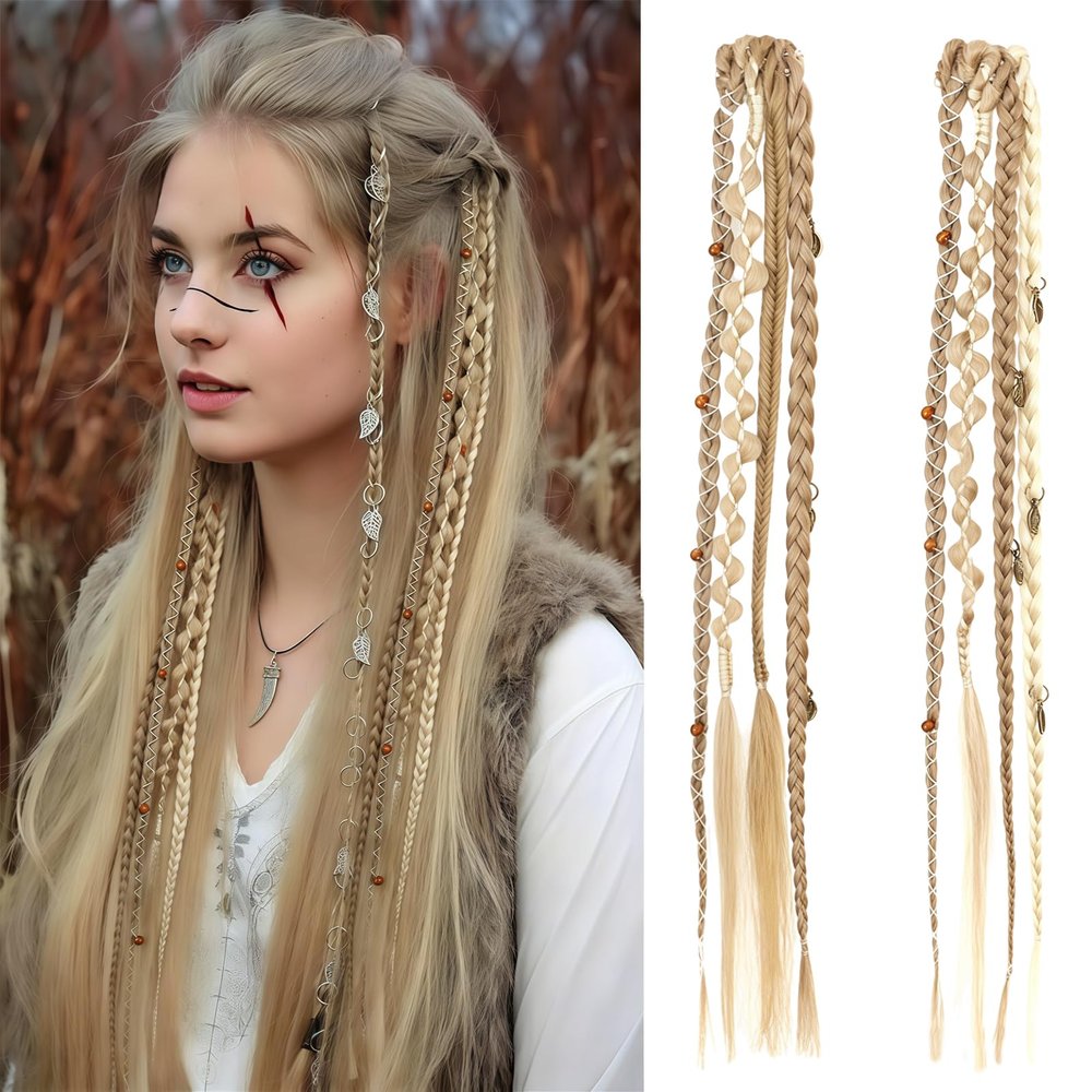 NICENEEDED 2 PCS Clip in Braid Hair Extensions, 20 Inch Light Blonde Braid Hair Extensions 4 Braids on One Clip, Boho Dreadlock Front Side Clip in Hair Extensions for Women Daily Use Party