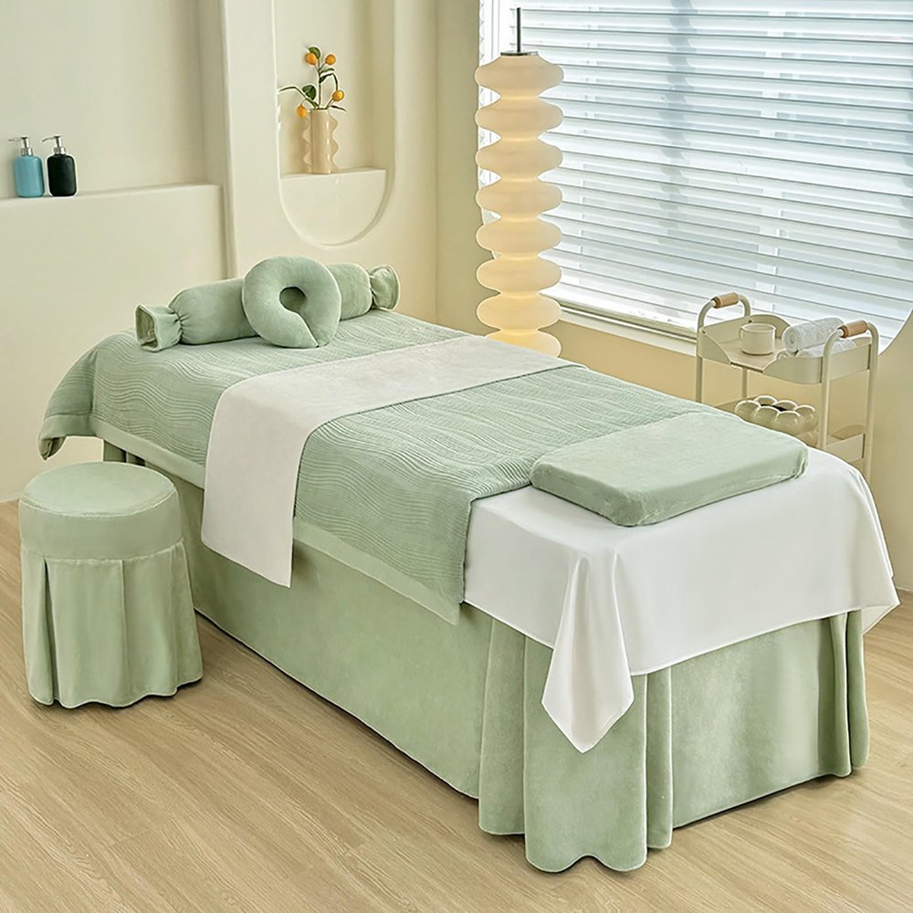 Spa & Salon Massage Sheet Set - 4-Piece Massage Table Cover,Solid Color Massage Table Skirt for Massage Tables, Breathable Massage Bed Sheet,Green,60x180cm(24x71inch)