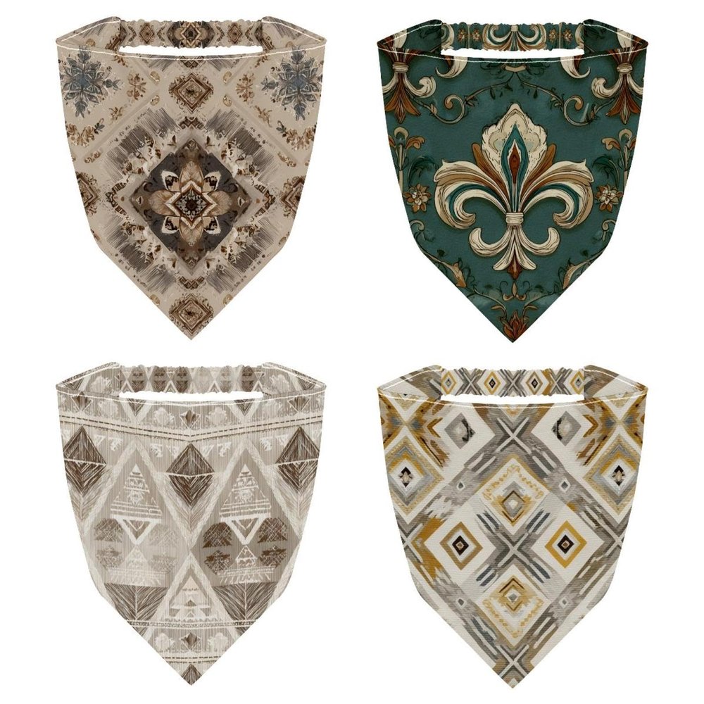 RODAILYCAY 4 PCS Hair Scarf, Chiffon Head Kerchief, Beige Ethnic Pattern Non Slip Triangle Headband Bandana for Women Girls