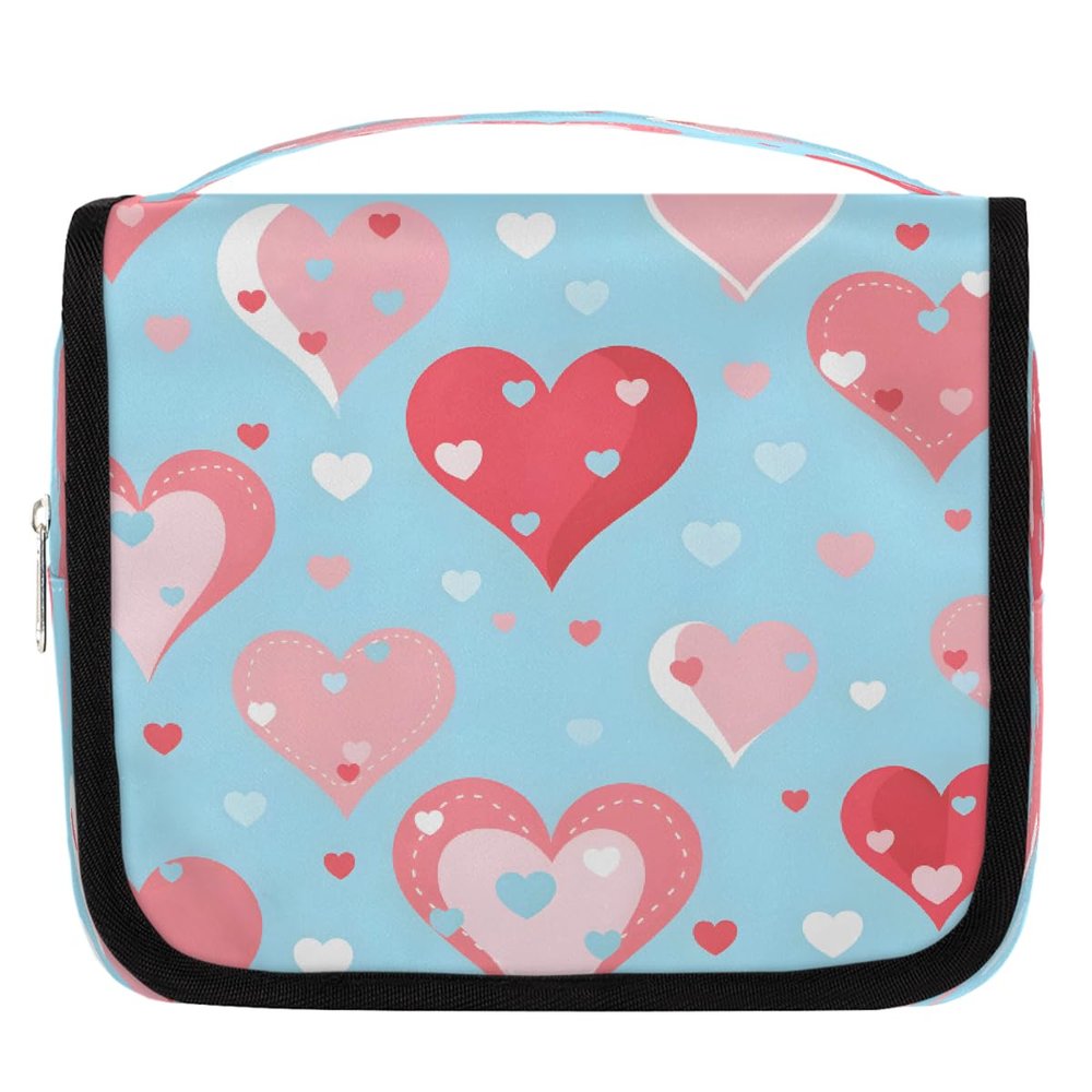 Ethebre Cute Valentines Day Heart Travel Toiletry Bag with Hanging Hook, Waterproof Hanging Makeup Organizer Portable Cosmetic Bag for Women & Men Travel Essentials Accessories