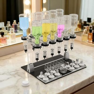 Desktop Perfume Dispenser Kit - 12/6 Bottle Manual Filling Machine with Pumps, Scent Testing Cups & 200ml Glass Bottles for Retail & Bars - Perfume Making Supplies