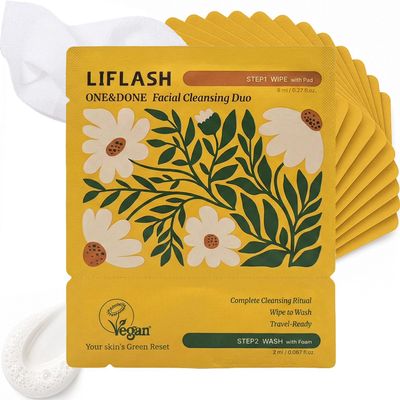 LIFLASH ONE&DONE Travel Face Wash & Makeup Remover Kit, 10 Single-Use Double Cleanse Packets, Micellar Pad + Foam Cleanser, Individually Wrapped, TSA Friendly Travel Size Toiletries, Vegan K-Beauty