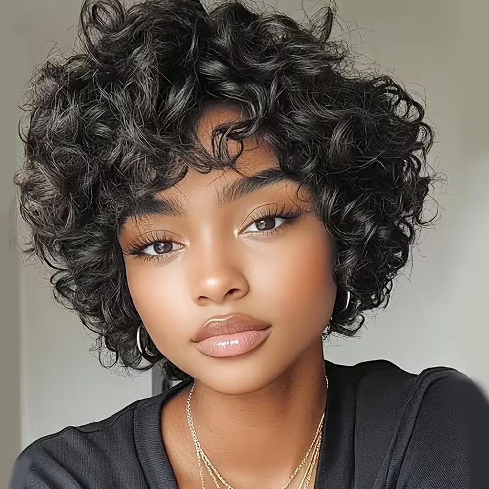 Ladyrite Short Bob Wig with Curly Kinky Afro Texture & Bangs - 150% Density Human Hair, Glueless No-Lift Bonding & Rose Net for African & All Beige Tones, Easy Put On & Go