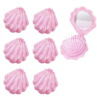Frinnovan 6 Pack Shell Shaped Pokect Mirror Travel Compact Folding Mirrors with Hair Brush Purse Mini Cosmetic Lashes Makeup Portable Mirrors for Women Wedding Party Pink & Blue & Purple (Pink)