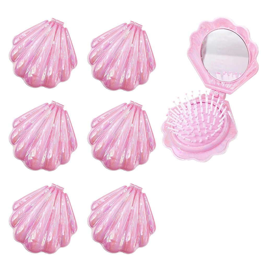 Frinnovan 6 Pack Shell Shaped Pokect Mirror Travel Compact Folding Mirrors with Hair Brush Purse Mini Cosmetic Lashes Makeup Portable Mirrors for Women Wedding Party Pink & Blue & Purple (Pink)