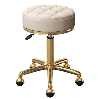 Rolling Stool Swivel Salon Chair, Leather Cushion, Gold Chrome Frame for Spa, Office, Massage, Manicure, Tattoo